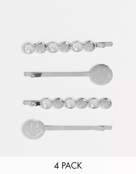 ASOS DESIGN Smiley Collab pack of 4 hair clips in silver tone