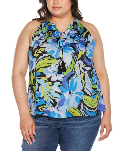 Black Label Plus Size Abstract Floral Tie-Neck Sleeveless Top