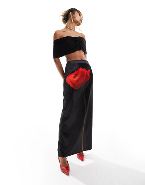 Kaiia satin flower motif maxi skirt in black