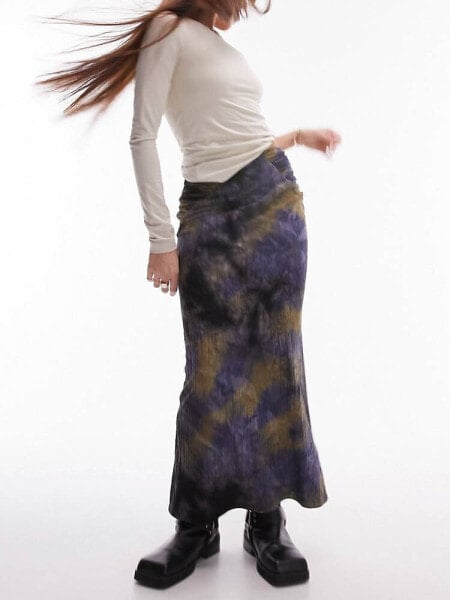 Topshop midi skirt in jersery textured with split front in blurred print