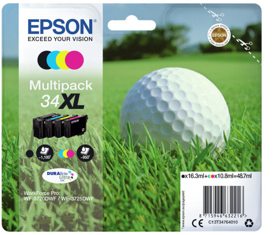 Golf ball Multipack 4-colours 34XL DURABrite Ultra Ink - High (XL) Yield - Pigment-based ink - 16.3 ml - 10.8 ml - 1 pc(s) - Multi pack