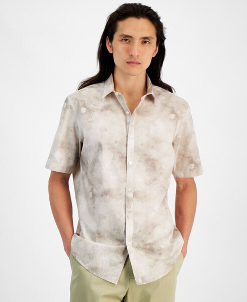 Men's Regular-Fit Stretch Watercolor Petal-Print Button-Down Poplin Shirt, Created for Macy's