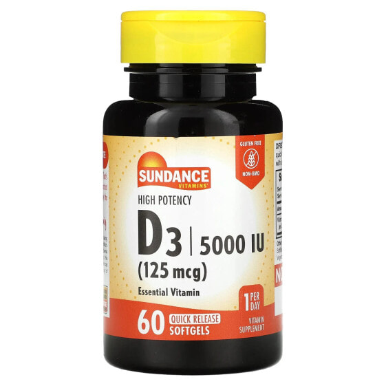 Витамин D высокой мощности Sundance Vitamins, 125 мкг (5 000 МЕ), 60 быстрорастворимых мягких капсул