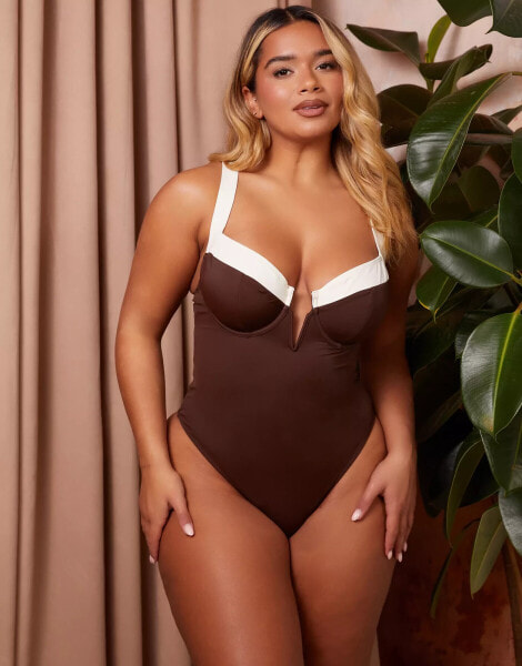 Wolf & Whistle X Natalie Gessey Fuller Bust underwire swimsuit in brown with white contrast detail