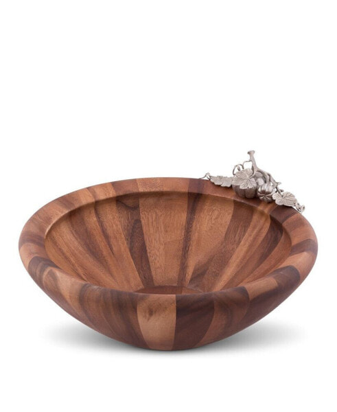 Acacia Wood "Harvest" Serving, Salad, Fruit Bowl with Solid Pewter Accents