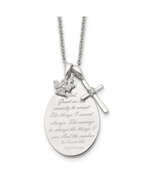 French Serenity Prayer CZ Cross and Angel Cable Chain Necklace