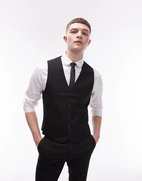 Topman textured suit waistcoat in black