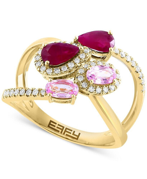 EFFY® Pink Sapphire (1/2 ct. t.w.), Ruby (7/8 ct. t.w.), & Diamond (1/4 ct. t.w.) Crossover Statement Ring in 14k Gold