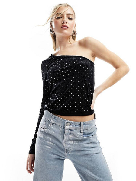 Mango one shoulder hot fix top in black