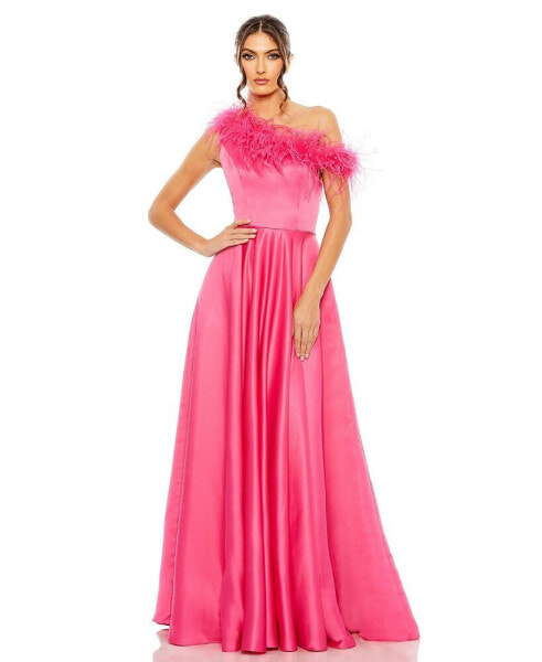 Women's One Shoulder A Line Gown With Feather Detail