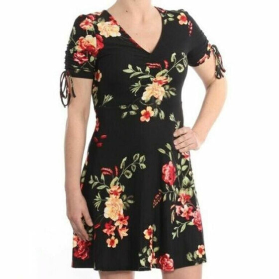 Planet Gold Women's Floral Ruched Skater Fit Flare Dress in Black Multi XS
