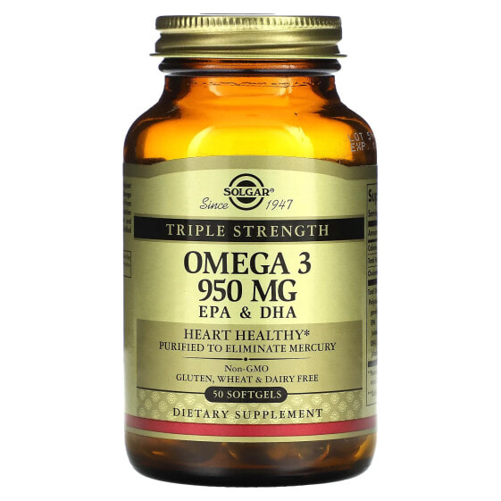 Витаминное дополнение Омега-3, EPA & DHA, Тройная сила, 950 мг, 50 желатиновых капсул Solgar.