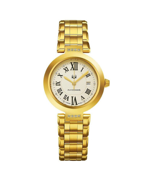 Ladies Quartz Date Watch with Yellow Gold Tone Stainless Steel Case on Yellow Gold Tone Stainless Steel Bracelet, Silver DIAMOND Dial