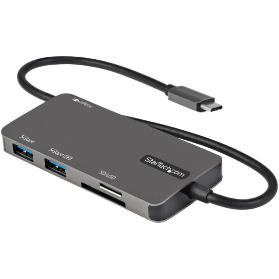 StarTech.com USB C Multiport Adapter - USB-C to 4K HDMI - 100W Power Delivery Pass-through - SD/MicroSD Slot - 3-Port USB 3.0 Hub - USB Type-C Mini Dock - 12" (30cm) Long Attached Cable - Wired - 100 W - Grey - MMC - MicroSD (TransFlash) - SD - 5 Gbit/s - 3440 x 1440