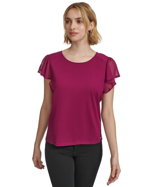 Women's Crewneck Flutter-Sleeve Blouse