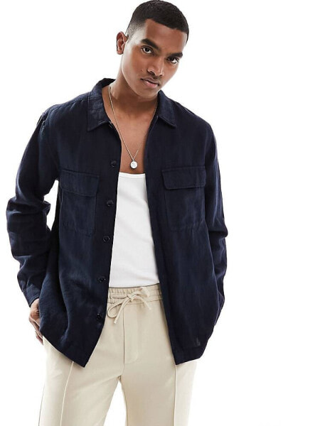 Selected Homme linen mix overshirt in navy