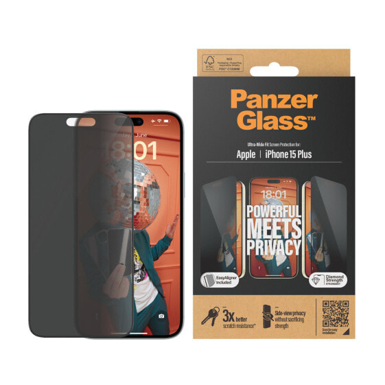PanzerGlass Privacy Screen Protector iPhone 15 Plus Ultra-Wide Fit w.EasyAligner