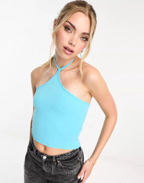 Monki tie up halterneck cropped top in turquoise blue