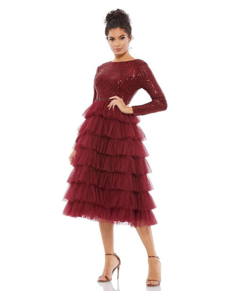 Women's Ieena Long Sleeve Ruffle Tiered Midi Dress