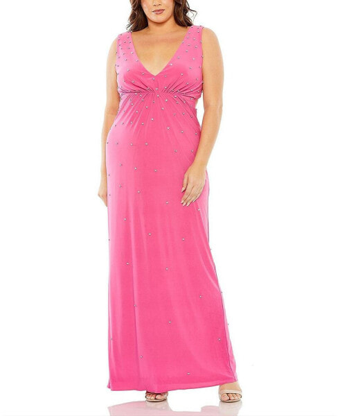 Plus Size Rhinestone Embellished Open Back Jersey Gown