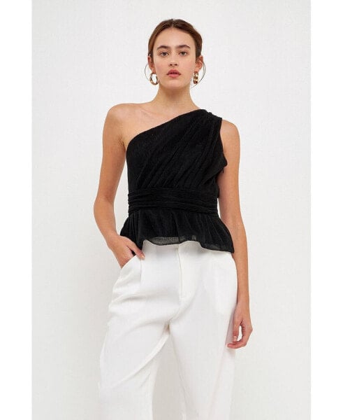 Women's One Shoulder Shirred Tulle Top