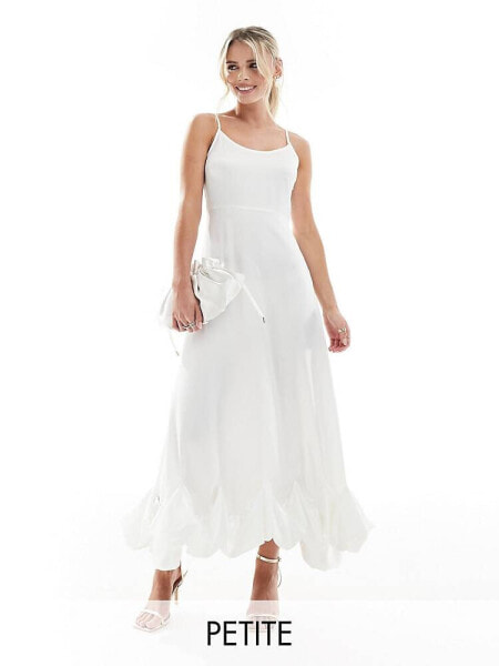 Vila Petite Bridal satin cami maxi dress with stitch detail hem in white 