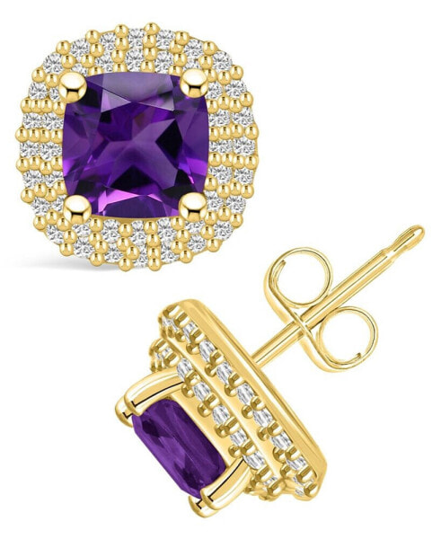 Amethyst (1-3/4 ct. t.w.) and Diamond (3/8 ct. t.w.) Halo Stud Earrings in 14K Yellow Gold