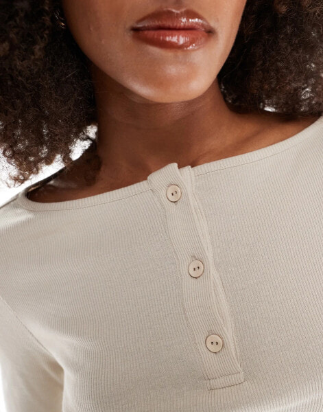 ASOS DESIGN sheer rib button through long sleeve top in cream