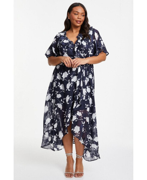 Plus Size Stencil Floral Wrap Frill Sleeve Midi Dress