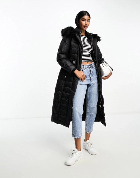 River Island maxi belted puffer with faux fur hood in black