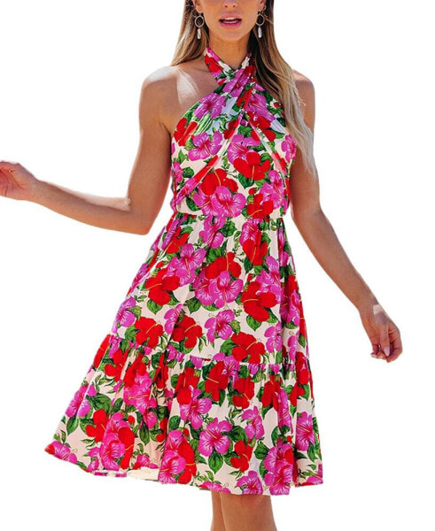 Women's Pink & Red Floral Crossover Halterneck Mini Beach Dress