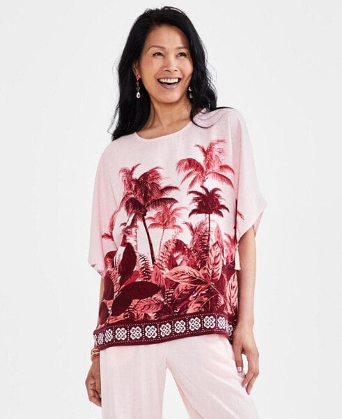 Petite Oasis Palm-Print Tassel-Trim-Sleeve Top, Created for Macy's