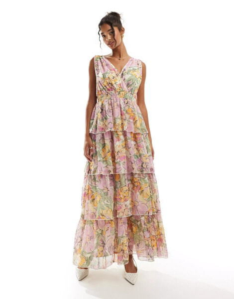 YAS sleeveless tiered maxi dress in garden floral print - MULTI