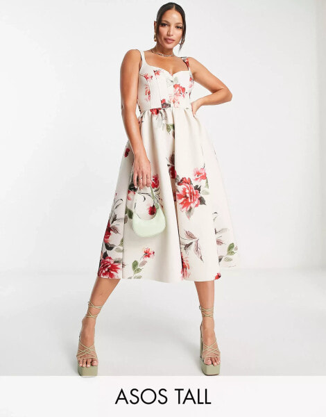 ASOS DESIGN Tall – Midi-Ballkleid mit Korsett-Saum und Blumendruck