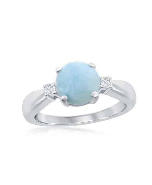 Sterling Silver Four-Prong Round Larimar with White CZ Side Stones Ring