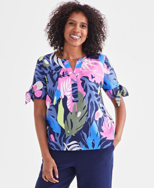 Women's 100% Linen Palm-Print Split-Neck Top, Created for Macy's