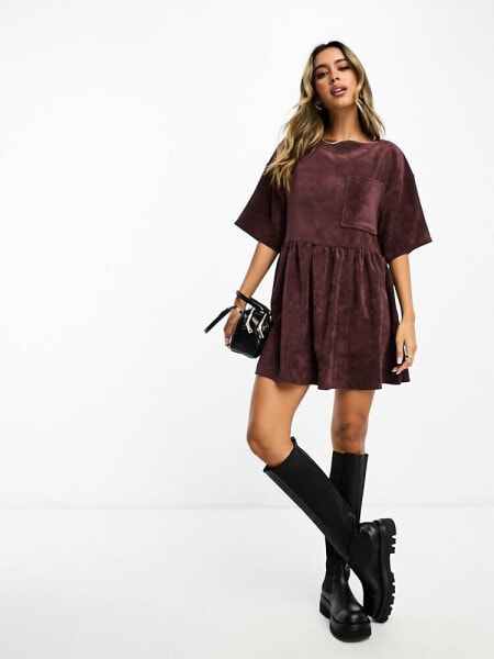 ASOS DESIGN cord t-shirt dress in chocolate