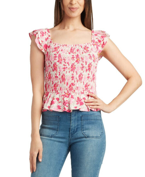 Juniors' Floral Smocked Flutter-Sleeve Top