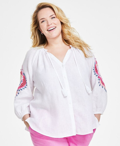 Plus Size Tassel-Tie Open-Embroidery Blouse, Created for Macy's