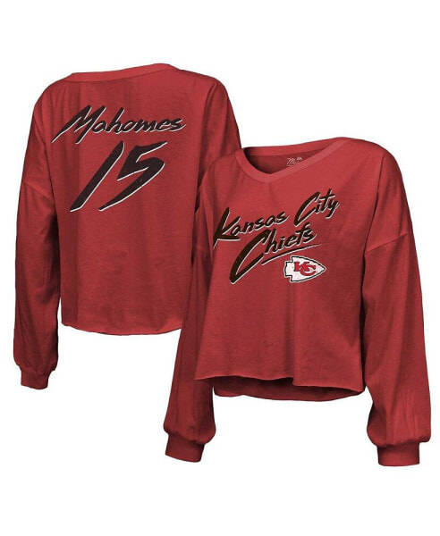 Women's Threads Patrick Mahomes Red Kansas City Chiefs Name and Number Off-Shoulder Script Cropped Long Sleeve V-Neck T-shirt