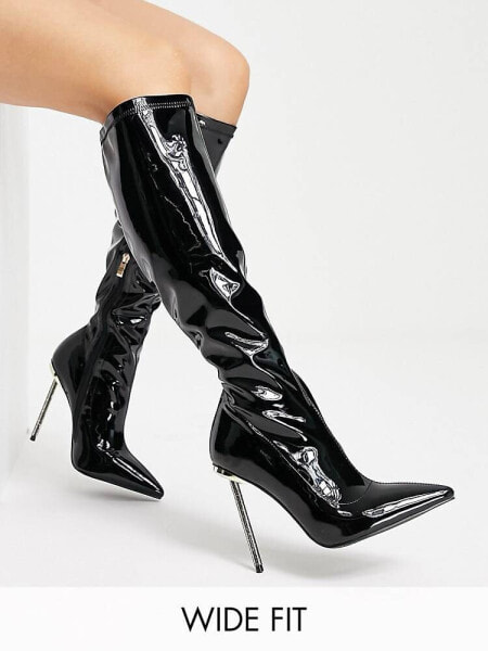 Simmi London Wide Fit Demi knee boots with diamante stiletto heel in black patent 