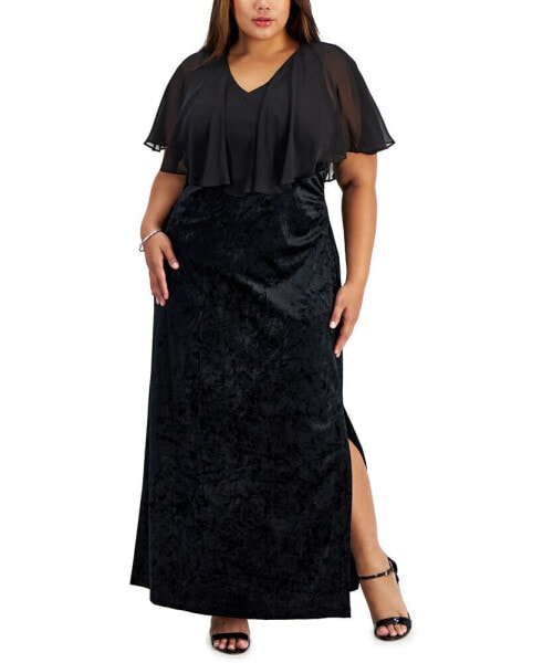 Plus Size V-Neck Velvet Side-Slit Cape Dress