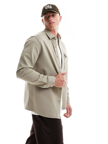 ASOS DESIGN stretch textured overshirt in oatmeal