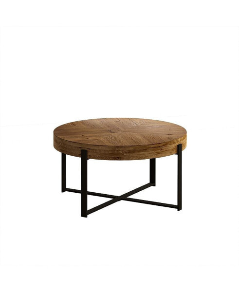 33.86"Modern Retro Splicing Round Coffee Table, Fir Wood Table Top With Black Cross Legs Base