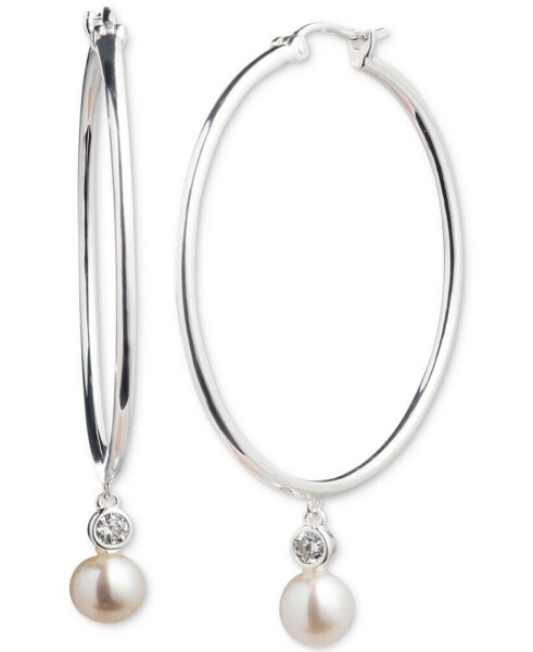 Sterling Silver Freshwater Pearl (6mm) Drop Hoop Earrings