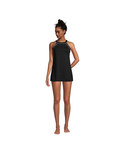 Women's Long Chlorine Resistant High Neck Swim Dress One Piece Swimsuit