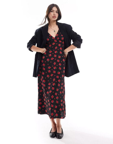 Brave Soul floral v neck midi dress with frill sleeves in red & black