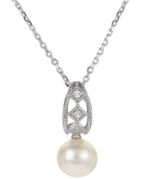 Macy's cultured Freshwater Pearl (8mm) & Lab-Created White Sapphire (1/20 ct. t.w.) 18" Pendant Necklace in Sterling Silver