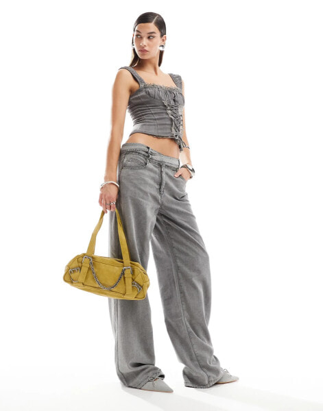 Lioness denim jeans with cross waist co-ord in washed grey