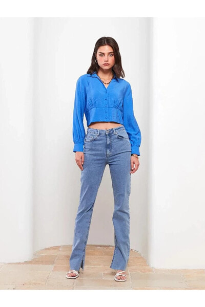 Gömlek Yaka Düz Uzun Kollu Crop Kadın Bluz
